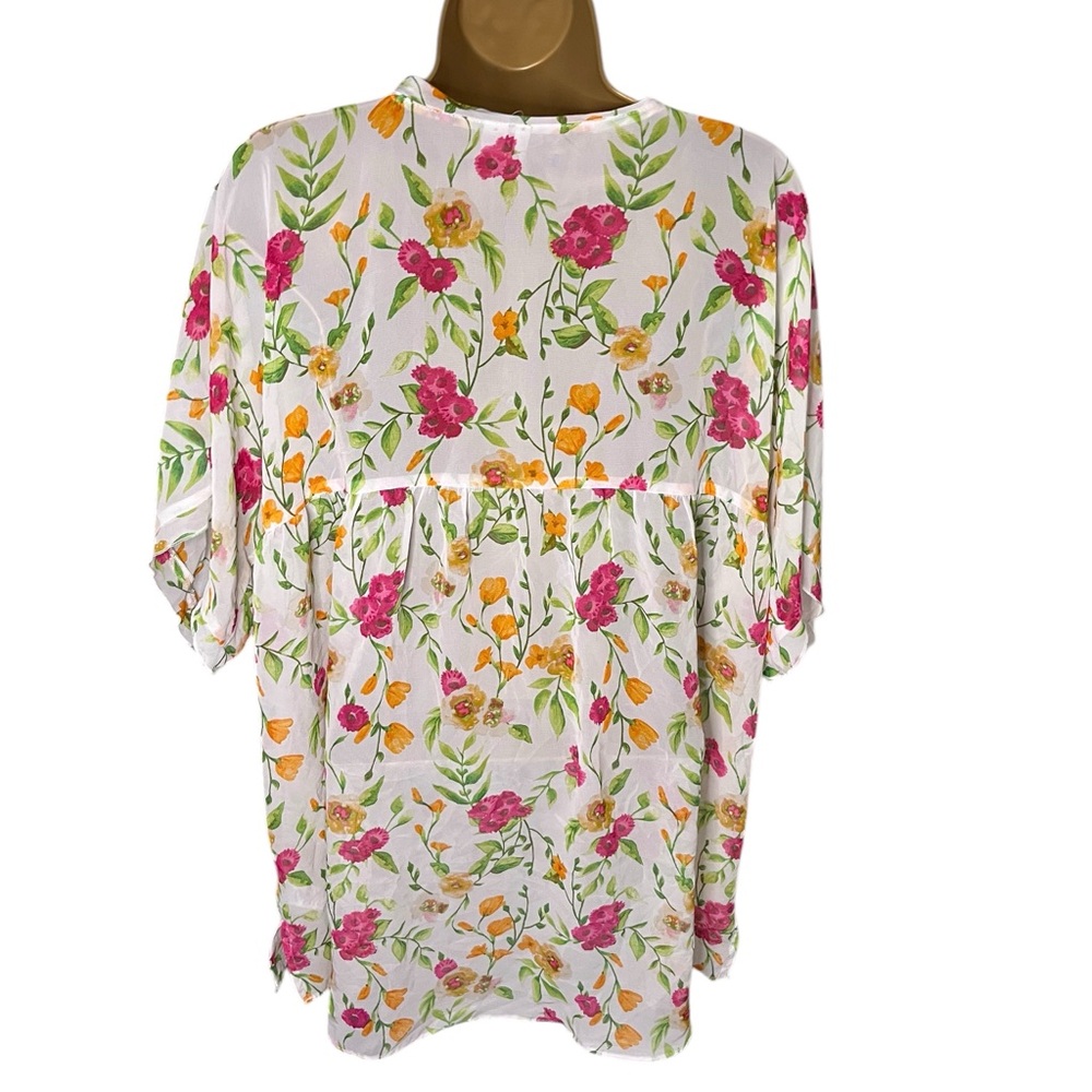 Cato Pintuck Blouse Button Front Floral Sheer White Multicolor 18/20W - Picture 2 of 5